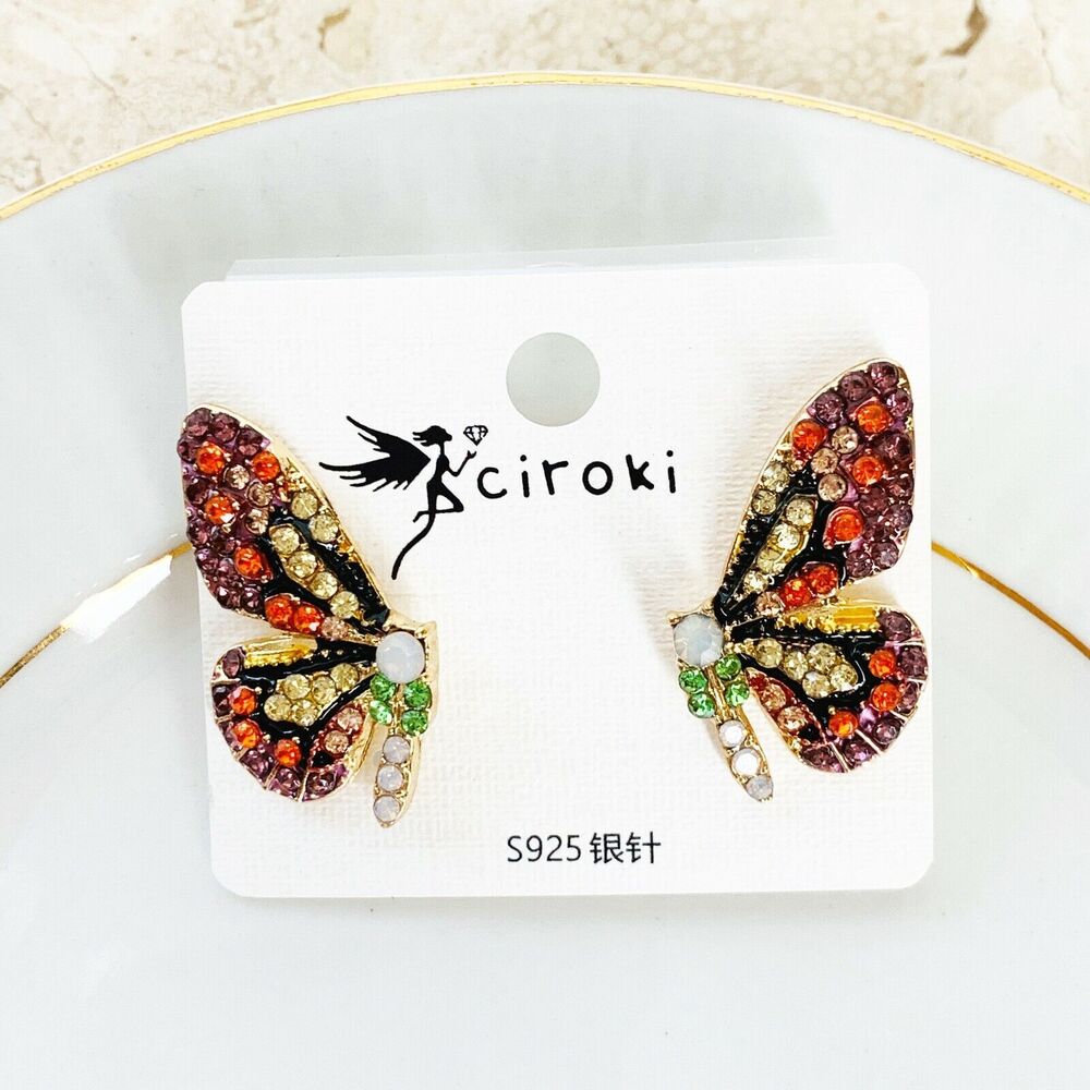 Colorful Sparkling BUTTERFLY Earrings NEW Red Pink Rhinestones Pierced Stud